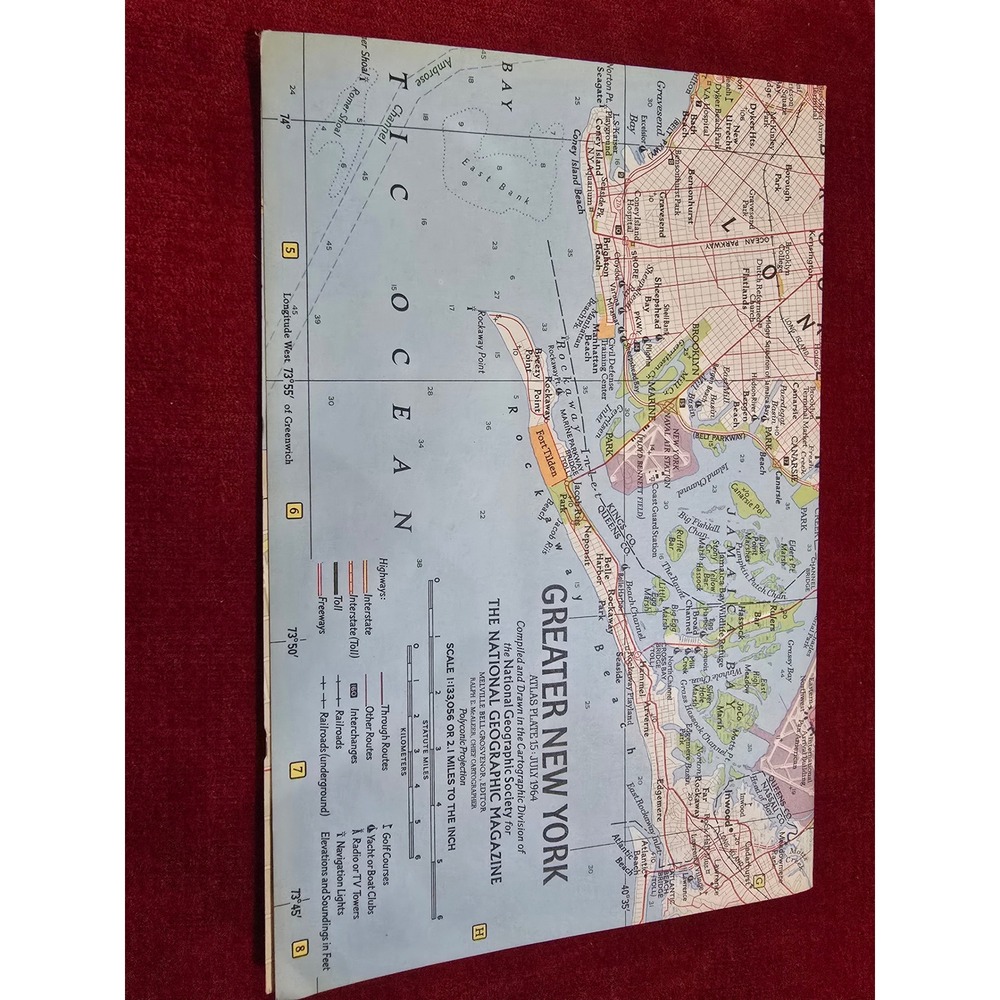 Greater New York City Map National Geographic Atlas‎ July 1964 Tourist Manhattan